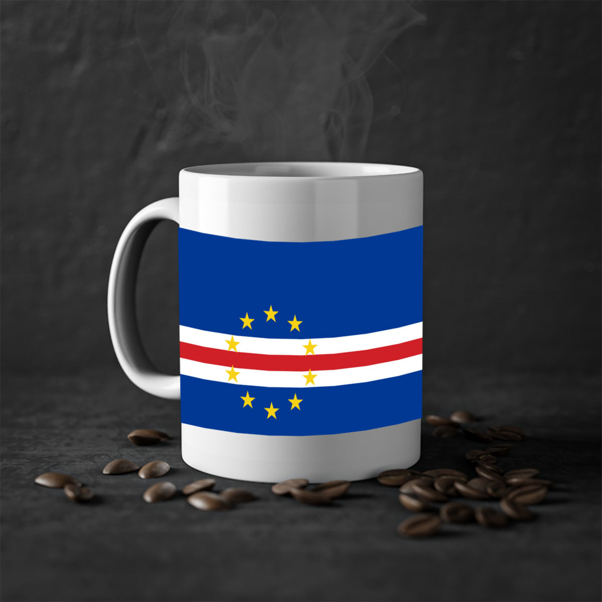 Cabo Verde 169# Mug featuring a glossy finish with a colorful handle and interior, available in multiple sizes.